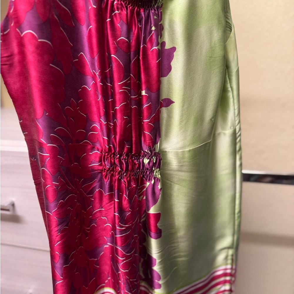 Floral Satin Dress - Red and Green